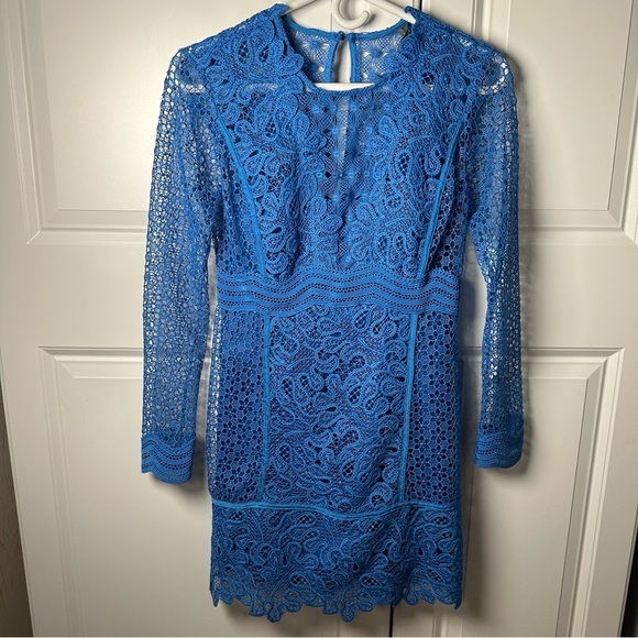 Anthropologie Blue Mini Dress Long Sleeve Eyelet Crochet Vibes Size 0 - Picture 1 of 8
